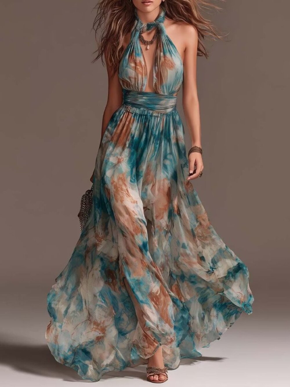 Green Cosmic Floral Halter Neck Maxi Dress โ Backless A-Line Summer Dress - Picture 6 of 6